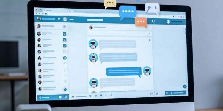 red social con usuarios robots interactuando y arriba iconos de diรกlogo