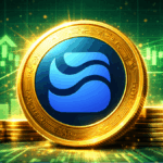 Una moneda física de la criptomoneda River delante de un gráfico de precios con flechas verdes.