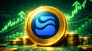 Una moneda física de la criptomoneda River delante de un gráfico de precios con flechas verdes.