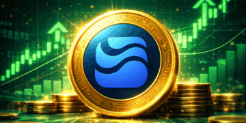 Una moneda física de la criptomoneda River delante de un gráfico de precios con flechas verdes.