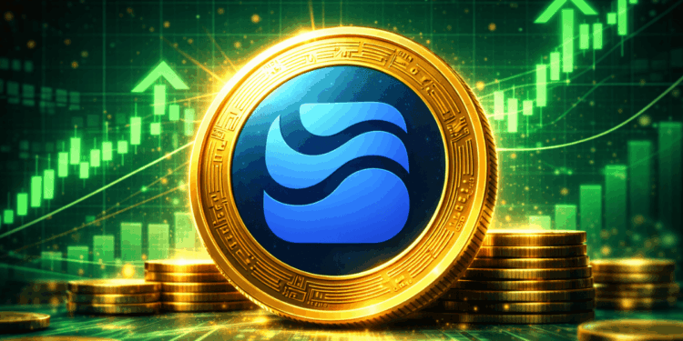 Una moneda física de la criptomoneda River delante de un gráfico de precios con flechas verdes.