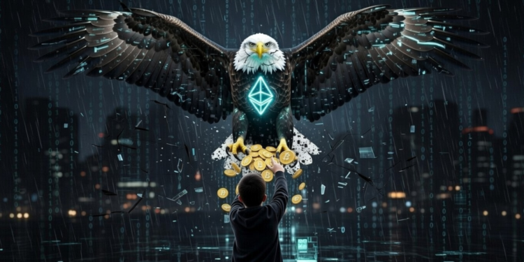 Niño robando criptomonedas a águila calva.