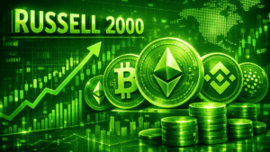 El gráfico del índice Russell 2000 junto a monedas físicas de bitcoin, ethereum y BNB.