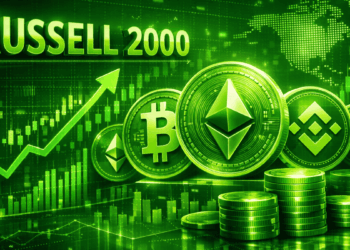 El gráfico del índice Russell 2000 junto a monedas físicas de bitcoin, ethereum y BNB.
