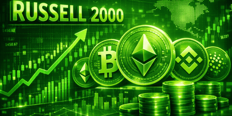 El gráfico del índice Russell 2000 junto a monedas físicas de bitcoin, ethereum y BNB.