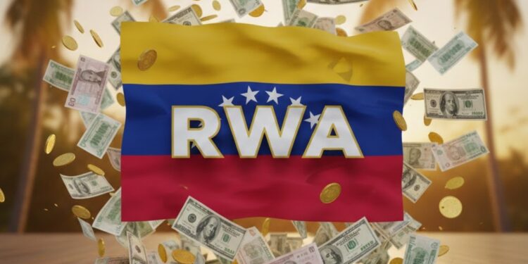 Bandera de Venezuela con las siglas de RWA y dinero alrededor.