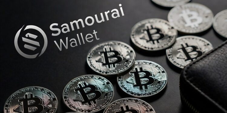 Monedas físicas de bitcoin rodean un monedero con el logo de Samourai walet