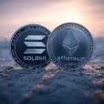 Una moneda física de Ethereum junto a una de Solana.