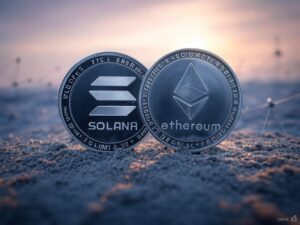 Una moneda física de Ethereum junto a una de Solana.