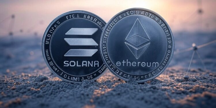 Una moneda física de Ethereum junto a una de Solana.