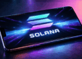 Un celular que muestra el logo de solana delante de un fondo futurista