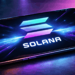 Un celular que muestra el logo de solana delante de un fondo futurista