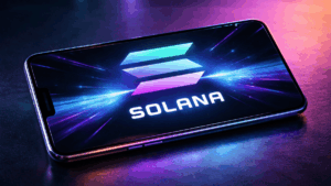 Un celular que muestra el logo de solana delante de un fondo futurista