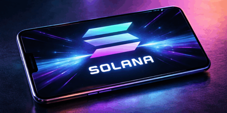 Un celular que muestra el logo de solana delante de un fondo futurista