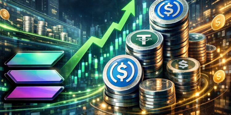 Ilustración del ecosistema Solana con stablecoins USDC y USDT.