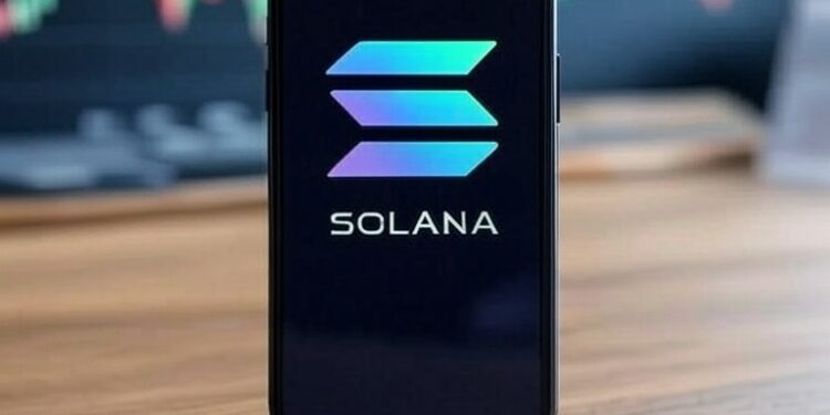 Smartphone sobre mesa de madera mostrando el logo de Solana en pantalla.