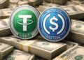 Stablecoins USDT y USDC representadas como monedas sobre pilas de billetes de dólares estadounidenses.