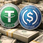 Stablecoins USDT y USDC representadas como monedas sobre pilas de billetes de dรณlares estadounidenses.