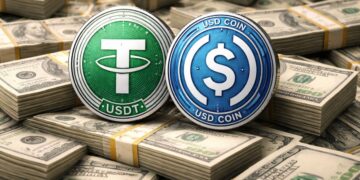 Stablecoins USDT y USDC representadas como monedas sobre pilas de billetes de dólares estadounidenses.