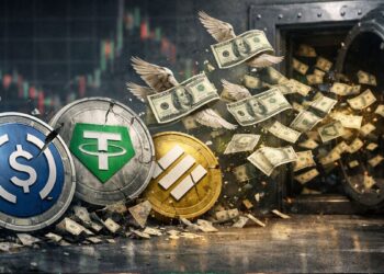 Dinero con alas volando fuera de una bóveda rota, logos agrietados de USDT, USDC y BNB, simbolizando salida de capital.