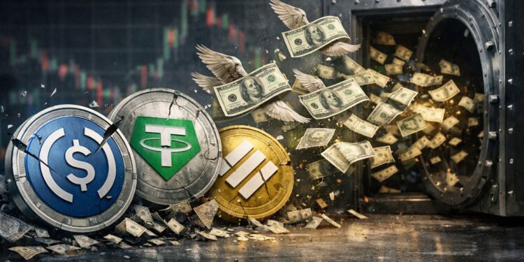 Dinero con alas volando fuera de una bóveda rota, logos agrietados de USDT, USDC y BNB, simbolizando salida de capital.