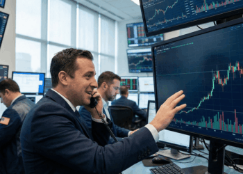 Un analista financiero en una sala de operaciones llena de monitores señala con gesto positivo una pantalla que muestra un gráfico ascendente de color verde con la cotización de bitcoin.