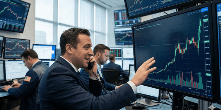 Un analista financiero en una sala de operaciones llena de monitores señala con gesto positivo una pantalla que muestra un gráfico ascendente de color verde con la cotización de bitcoin.