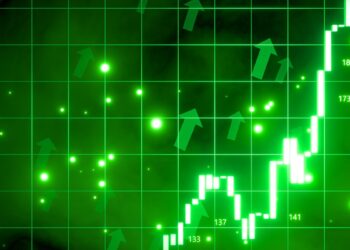 Gráfico de velas y flechas verdes.