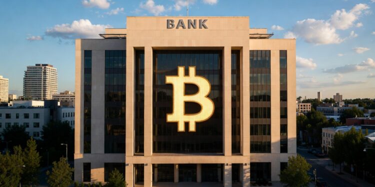 Banco con el logo de Bitcoin.