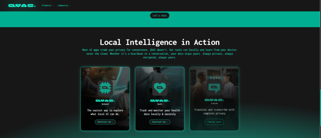 Captura de pantalla de la página principal de QVAC, la IA de Tether