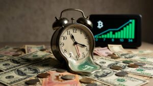 un reloj blando derritiéndose sobre billetes de bolívar, dólares y USDT, pero con un reloj digital Bitcoin intacto y ascendente al fondo.