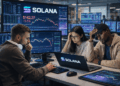 Tres traders en una oficina moderna observan pantallas con gráficos de Solana en caída, mostrando gestos de preocupación y tensión mientras analizan el mercado.