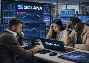 Tres traders en una oficina moderna observan pantallas con gráficos de Solana en caída, mostrando gestos de preocupación y tensión mientras analizan el mercado.