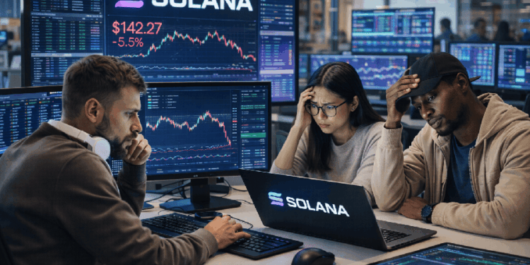 Tres traders en una oficina moderna observan pantallas con gráficos de Solana en caída, mostrando gestos de preocupación y tensión mientras analizan el mercado.