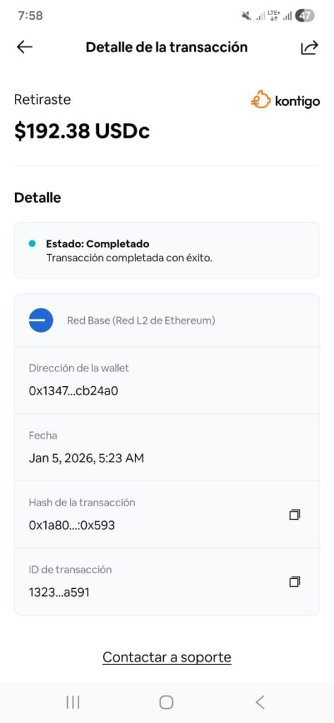 Captura de pantalla de la transacción realizada desde la wallet de Kontigo.