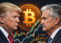 Donald Trump y Jerome Powell frente a frente con un gráfico bursátil de bitcoin al fondo.