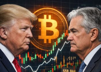 Donald Trump y Jerome Powell frente a frente con un gráfico bursátil de bitcoin al fondo.