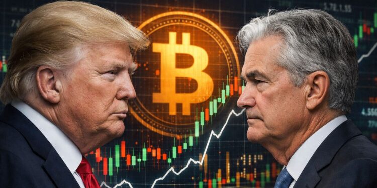 Donald Trump y Jerome Powell frente a frente con un gráfico bursátil de bitcoin al fondo.