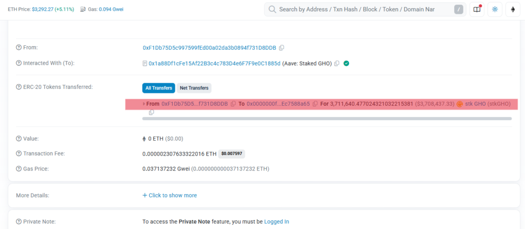 Captura del explorador etherscan de un transacción realizada.