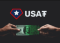 Logo de USAT y dos manos intercambiando un billete de dólar.