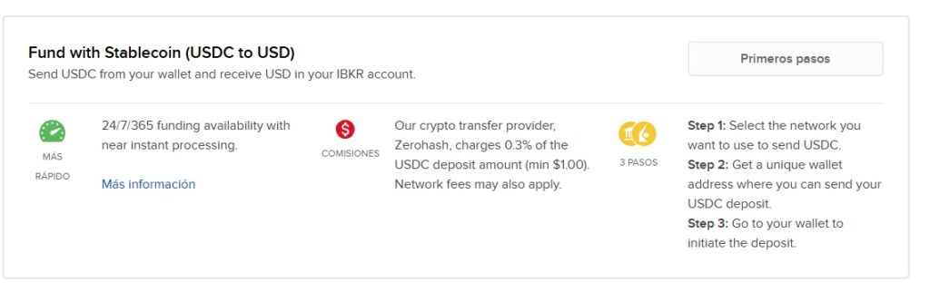 Captura en Interactive Broker de función para cargar USDC.