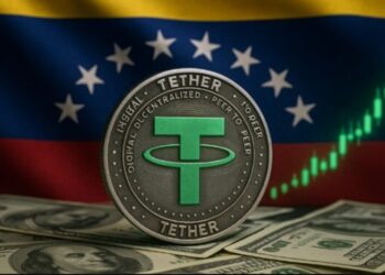 Moneda física de USDT sobre billetes de dólares y la bandera de Venezuela en el fondo.