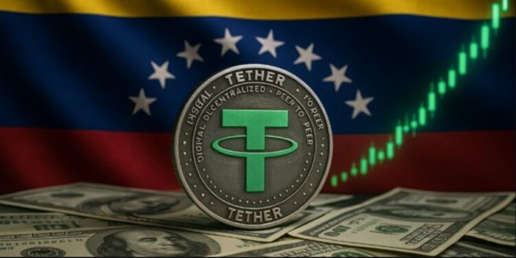 Moneda física de USDT sobre billetes de dólares y la bandera de Venezuela en el fondo.