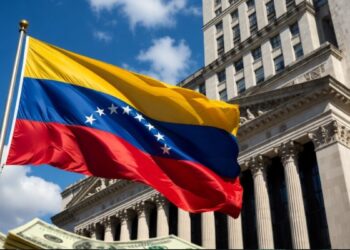 Bandera de Venezuela ondeando frente al edificio de Wall Street en Estados Unidos.