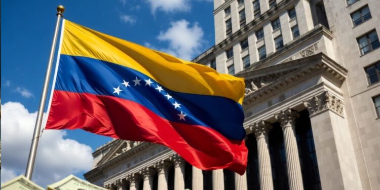 Bandera de Venezuela ondeando frente al edificio de Wall Street en Estados Unidos.