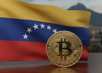 Bandera de Venezuela junto a una moneda física de bitcoin dorada.