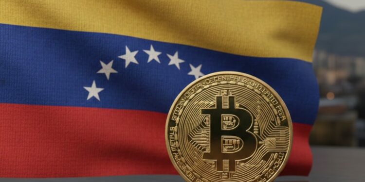 Bandera de Venezuela junto a una moneda física de bitcoin dorada.
