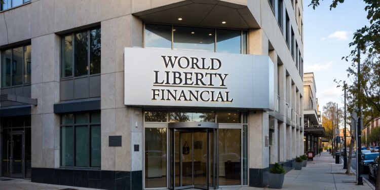 Fachada exterior moderna de un edificio bancario con el letrero prominente "World Liberty Financial"