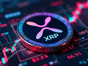 Una moneda fรญsica de XRP sobre grรกficos de precio.