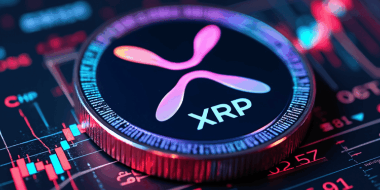 Una moneda física de XRP sobre gráficos de precio.